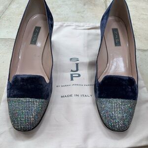 SJP by Sarah Jessica Parker Navy Velvet Heels with Glittering Silver Toes